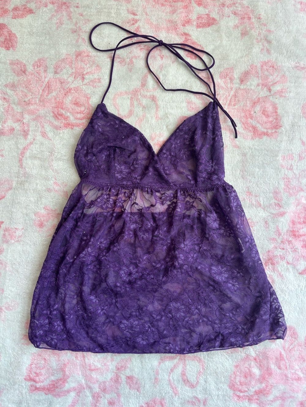 Lacey sheer cottage purple sexc vintage going out lingerie halter top